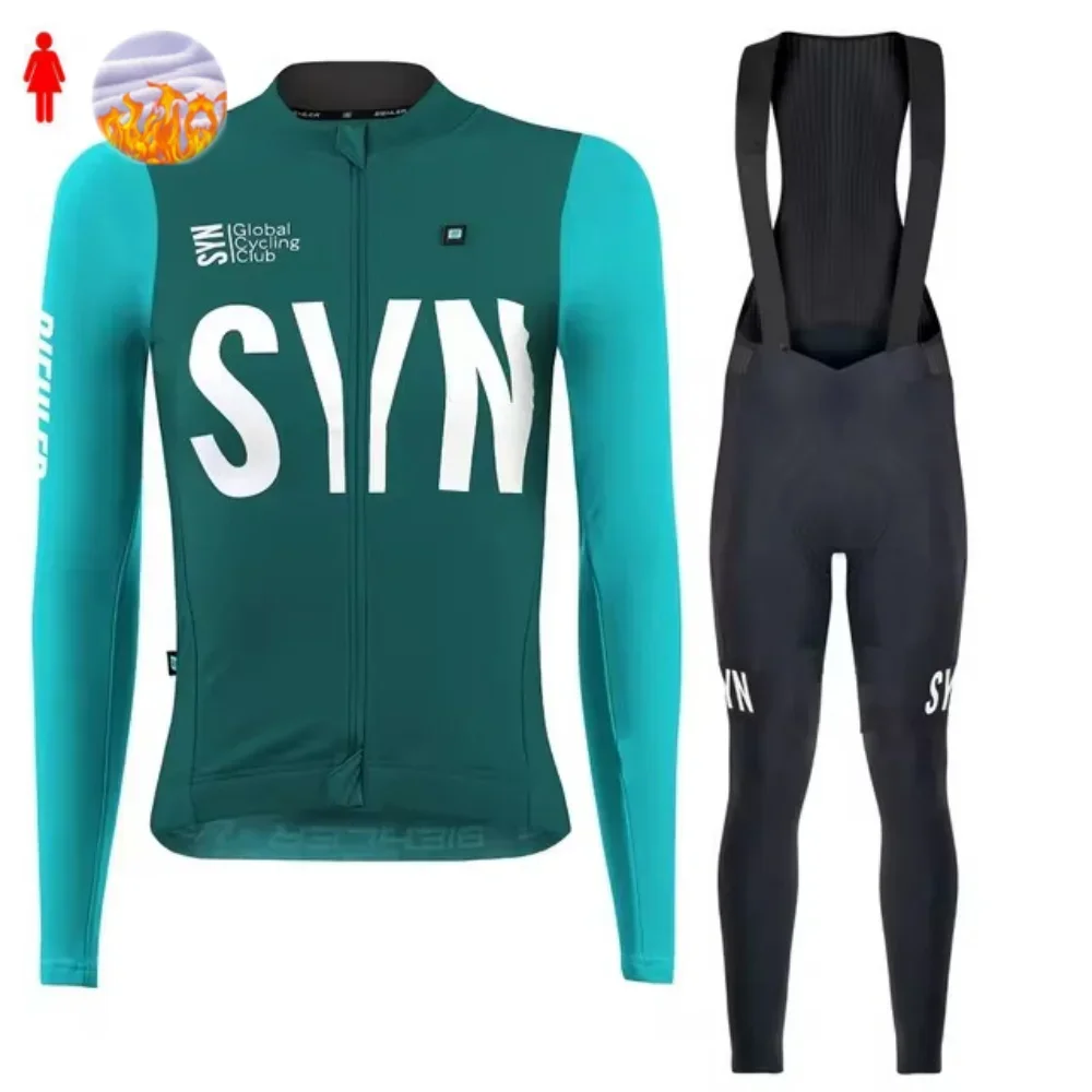 Cycling Gear Jersey - SYN 冬フリースサイクリングジャージセット女性マウンテン自転車服着用 Ropa Ciclismo レーシングバイク服スーツ長袖トップ