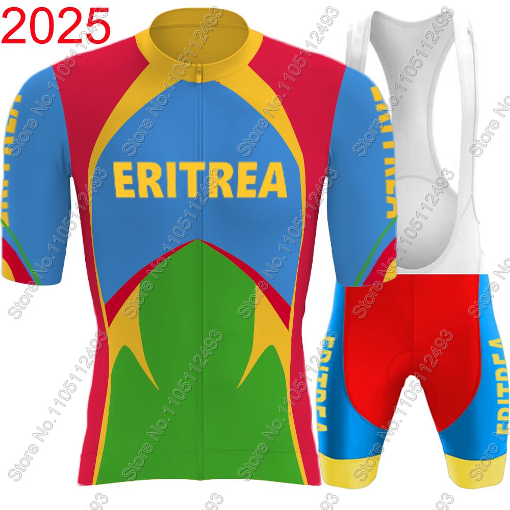 Cycling Gear Jersey - 2025年エリトリア代表チームサイクリングジャージセット半袖赤青服ロードバイクシャツスーツ自転車ビブショーツMTB服